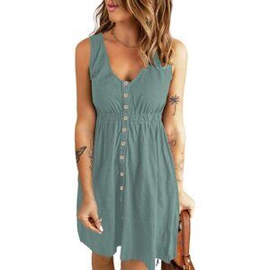 🆕Women Light Green Polyester Sleeveless Button Down A-Line  Dress with Pocket
